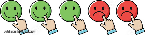 Customer feedback rating icons with hand selecting smiley faces, user satisfaction evaluation symbols, positive and negative emoji review buttons, vector illustration
