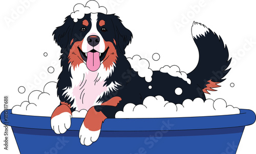 Cute cartoon dog taking bath in tub with soap bubbles, happy pet grooming illustration, adorable animal cleaning scene for pet care