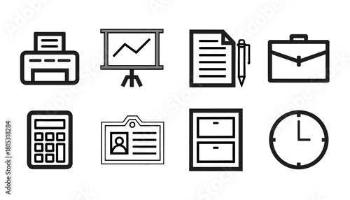 Office and Business Management Line Icon Set: Printer, Presentation Chart, Document, Briefcase, Calculator, ID Badge, File Cabinet, and Wall Clock for Corporate, Administration, and Finance