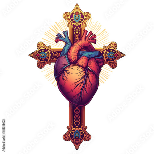 Sacred Heart: A captivating illustration portrays a human heart at the center of a decorated cross, symbolizing faith, devotion, and compassion.