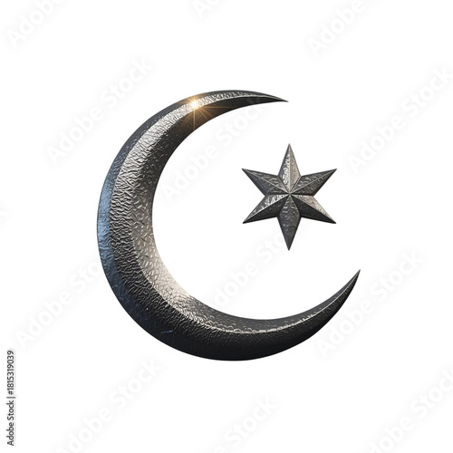 Symbol of Faith: An emblem of cultural and religious significance, a crescent moon and star gleam with a metallic sheen, representing faith and heritage. 
