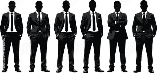 Businessmen silhouette illustration featuring formal suit poses, professional male figures, corporate team silhouettes, modern executive standing artwork for branding