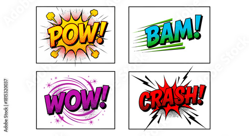 Comic book sound effects in vibrant colors, including POW, BAM, WOW, and CRASH, on white backgrounds.