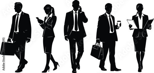 Businesspeople silhouette illustration showing professionals walking with briefcases, phones, documents and coffee, corporate office workers in black vector design