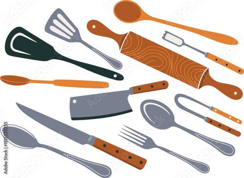 Assorted Kitchen Utensils Spoons, Spatulas, Rolling Pin, Cleaver, and Knives Illustration