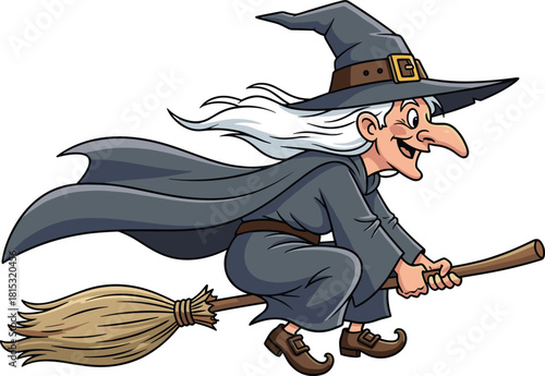 Cartoon witch flying on broomstick, Halloween character illustration, magical witch drawing, fantasy spooky vector art, fun holiday design