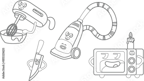 Black and White Cartoon of Kitchen and Cleaning Appliances with Faces and Arms