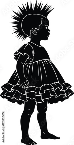 Child Girl Silhouette Punk Mohawk Hairstyle Frilly Dress Contrast Fashion Youth Rebellion Attitude Edgy Style Childhood Vector Illustration Graphic.