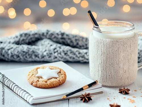 A warm and inviting scene featuring a glass of milk, a star-shaped cookie on a notebook, and a cozy knitted scarf, set against a backdrop of soft, blurred light