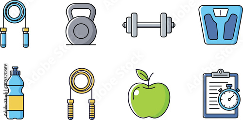 Collection of colorful fitness icons including jump rope, kettlebell, dumbbell, scale, water bottle, apple, stopwatch, promoting health and exercise