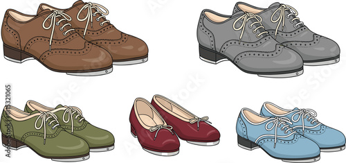 Collection of colorful vintage-style shoes including brogues and flats illustrated in detailed design, perfect for fashion artwork, accessories branding, and creative projects