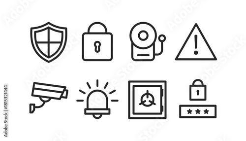 Security, Protection, and Surveillance Line Icon Set: Shield, Padlock, Alarm Bell, Warning Sign, CCTV Camera, Siren, Safe Box, and Password Lock for Safety, Privacy, and Cyber Security