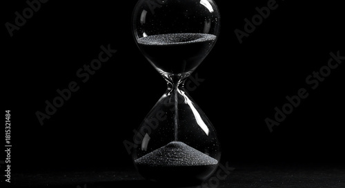 A minimalist hourglass with glittering black sand falling through its narrow neck against a dark background