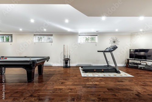 Exterior and interior of a modern Canad house with backyard, driveway, and complete living spaces. Includes living room, kitchen, bedrooms, bathrooms, hallways and basement