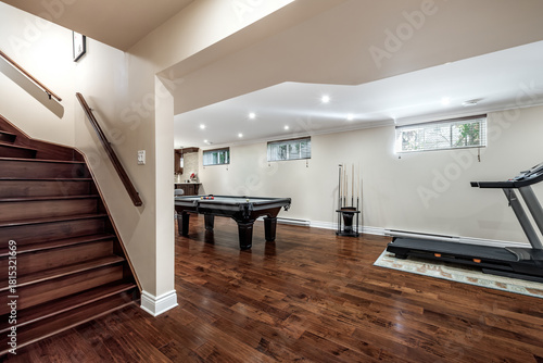 Exterior and interior of a modern Canad house with backyard, driveway, and complete living spaces. Includes living room, kitchen, bedrooms, bathrooms, hallways and basement