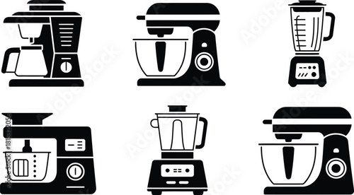 Black and White Illustrations of Coffee Maker, Stand Mixers, and Blenders Isolated on White