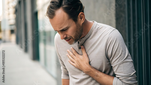 Man experiencing chest pain outdoors, seeking urgent medical attention, worried about heart attack, cardiovascular health, and potential health crisis in public