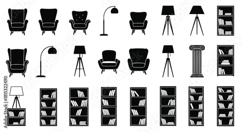 Black and white illustration of various furniture items including chairs, lamps, and bookshelves