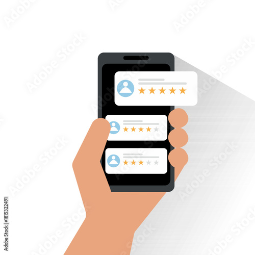 Digital Customer Satisfaction Concept, Customer Review and Star Rating on Mobile App