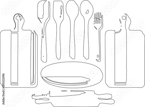 Black and White Kitchen Utensil Line Art Featuring Cutting Boards, Spoons, Fork, Rolling Pin
