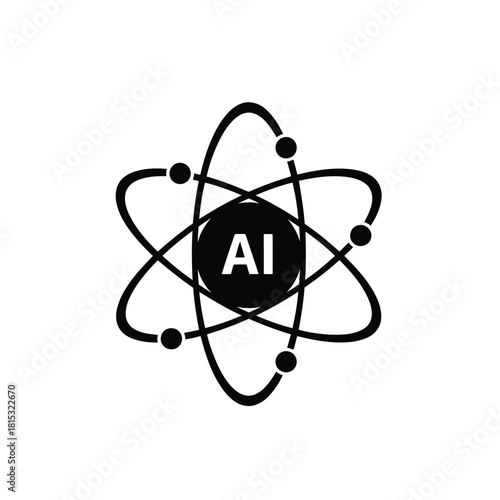 Black and white atom symbol with ai lettering representing artificial intelligence and technology