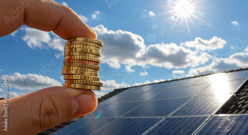A stack of coins held against solar panels evokes themes of renewable energy savings