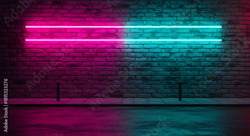 Abstract cyberpunk scene with neon lights on a brick wall