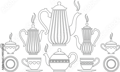 Black and White Line Art Illustration of Teapots, Cups, and Saucers, Some with Steaming Hot Contents