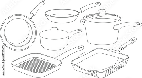 Black and White Line Art of Cooking Utensils Featuring Various Pots, Pans, and Grills