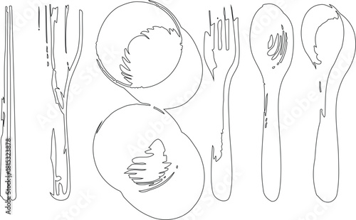 Black and White Line Art of Cooking Utensils, Including Spoons, Forks, and Serving Pieces
