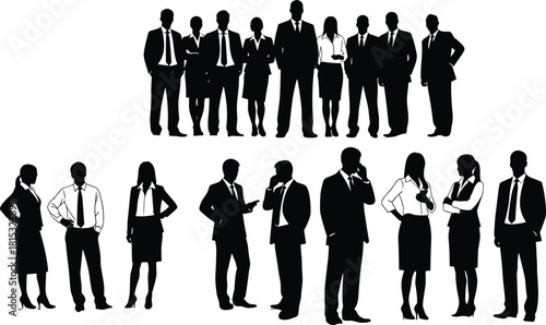 Business people silhouettes in professional office poses, teamwork concept illustration, corporate group standing together, leadership, communication, collaboration scene