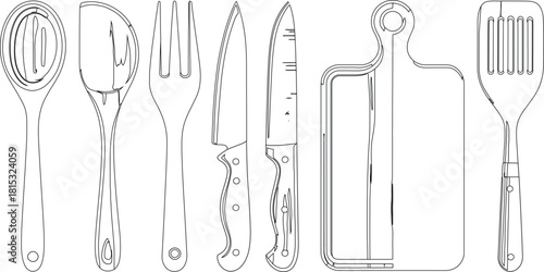 Black and White Line Art of Kitchen Utensils Including Knives, Fork, Spatula, Spoon and Chopping Boards