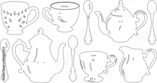 Black and White Line Art of Tea Set Including Teapots, Cups, Spoons, and a Creamer