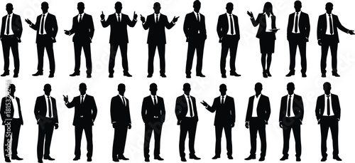Business people silhouettes standing in formal suits, corporate team poses, professional teamwork illustration, leadership concept, office presentation collection