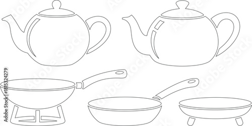 Black and White Line Art of Teapots and Frying Pans, Culinary Objects Illustration