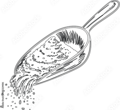 Black and White Line Art Scoop with Granular Material Being Poured Outward