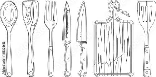 Black and White Line Drawing of Kitchen Utensils Including Knives, Spoons, and Board