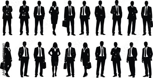 Business professional silhouettes standing in various poses, corporate team illustration, formal office attire figures, teamwork concept graphic design