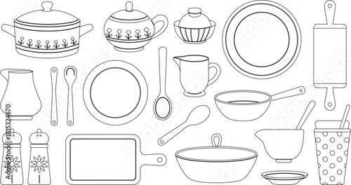 Black and White Line Drawing of Kitchenware Pots, Bowls, Plates, and Utensils