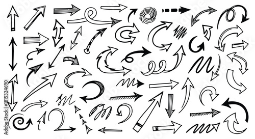 Various types of arrows and directional signs in black and white line art style