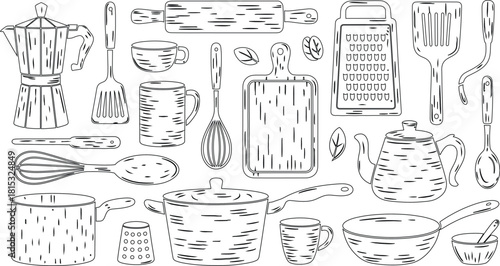 Black and White Line Drawing of Kitchen Utensils Moka Pot, Whisk, and Cookware Selection
