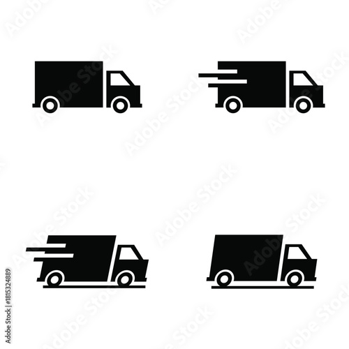A set of minimalist black delivery truck icons featuring various fast-motion styles. The illustration represents transportation, logistics, express shipping, and courier services with clean silhouette