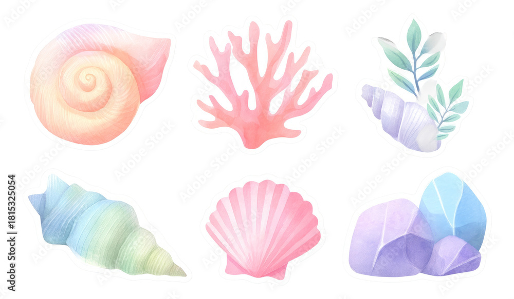 Fototapeta premium Tropical Watercolor Shell Collection Summer Edition for Beach-themed Decor