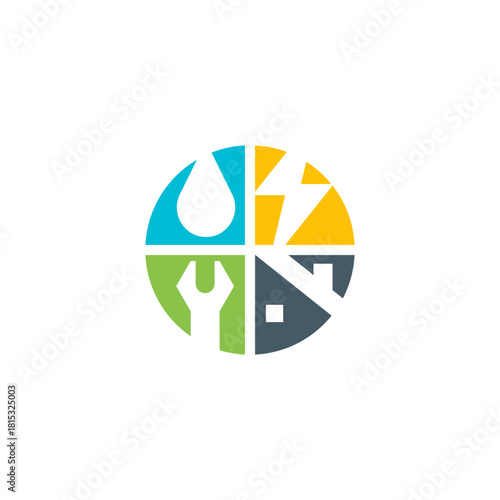 A colorful circular service logo featuring four quadrants representing water, electricity, tools, and home maintenance. This modern icon design symbolizes multipurpose repair, utility support
