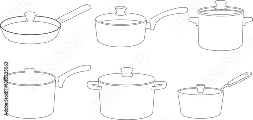 Black and White Outline Illustration Featuring Six Kitchen Cookware Items Pots, Pans, and Lids