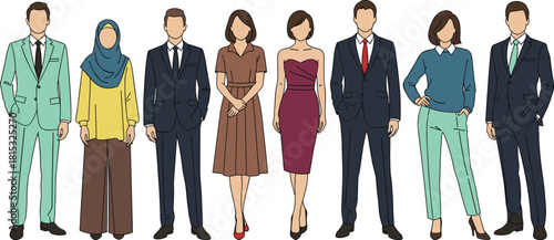 Business professionals standing together in diverse formal and casual attire, modern corporate team illustration representing office workers, teamwork, leadership and collaboration