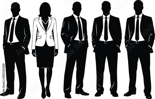 Business professionals standing together in formal corporate attire, leadership teamwork concept, confident silhouettes of executives representing unity, organization, success