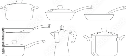 Black and White Outline of Cookware Pots, Pans, and Moka Pot Illustration
