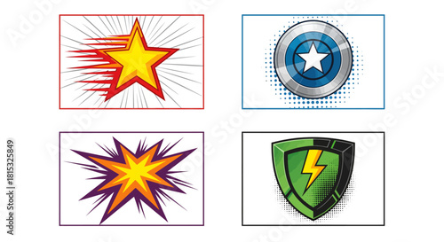Comic book style illustrations featuring a star, shield, explosion, and lightning bolt shield.