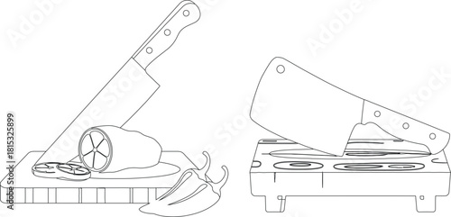Black and White Outline of Kitchen Featuring Knives, Cutting Board, Lemon, and Peppers